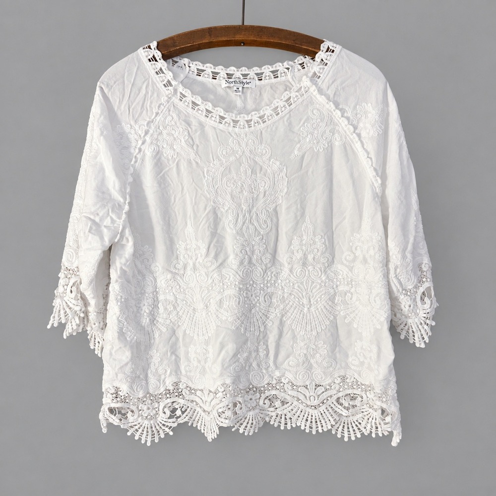 North Style Blouse Womens Size Mediumj White Crochet Lace Boho Cottagecore